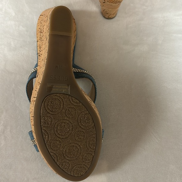 Guess Eieny medium blue denim fabric criss-cross rhinestone cork wedge shoes - Picture 5 of 5